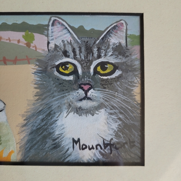 Original Art Painting "Grey Persian With Gold Fish" Signed Mountfort Vintage 9x7 - Picture 2 of 5